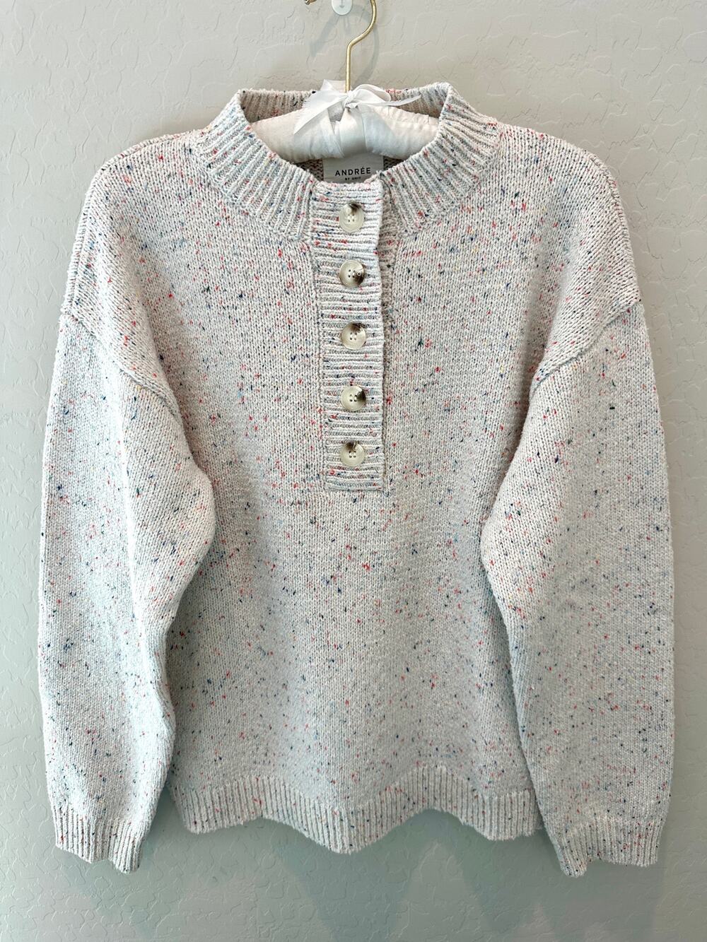 ANDREE BY UNIT Speckled Textured Knit Sweater Henley Button Mock Neck Small
